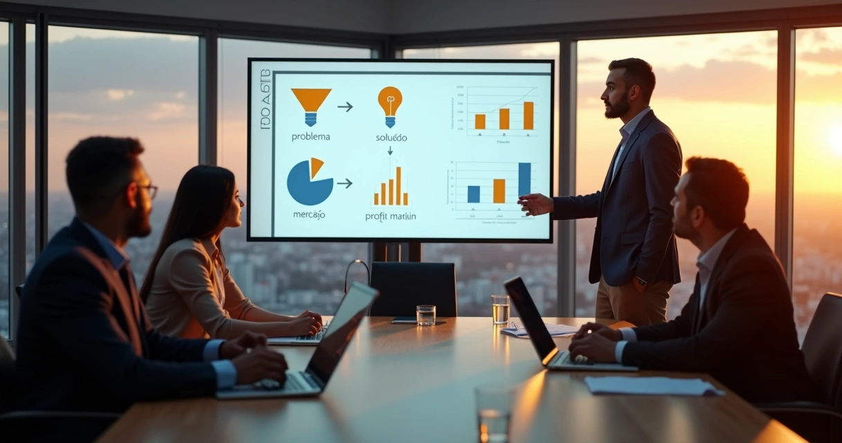 Empresário apresentando pitch de vendas a investidores em tela grande 