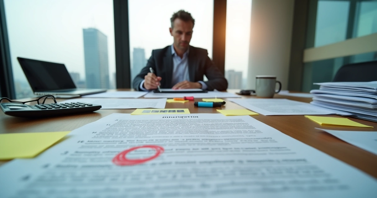Empresário revisando apólice de seguro sobre mesa com documentos e destaques em vermelho 