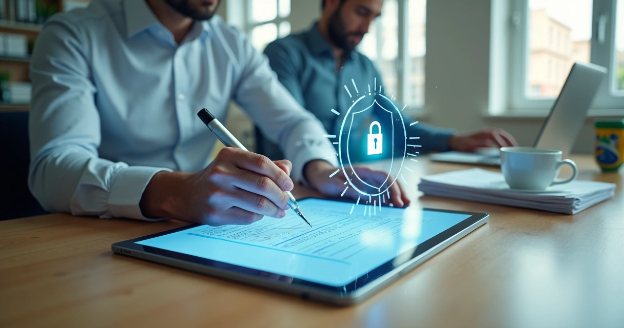 Empresário assinando documento em tablet com certificado digital e cadeado holográfico 