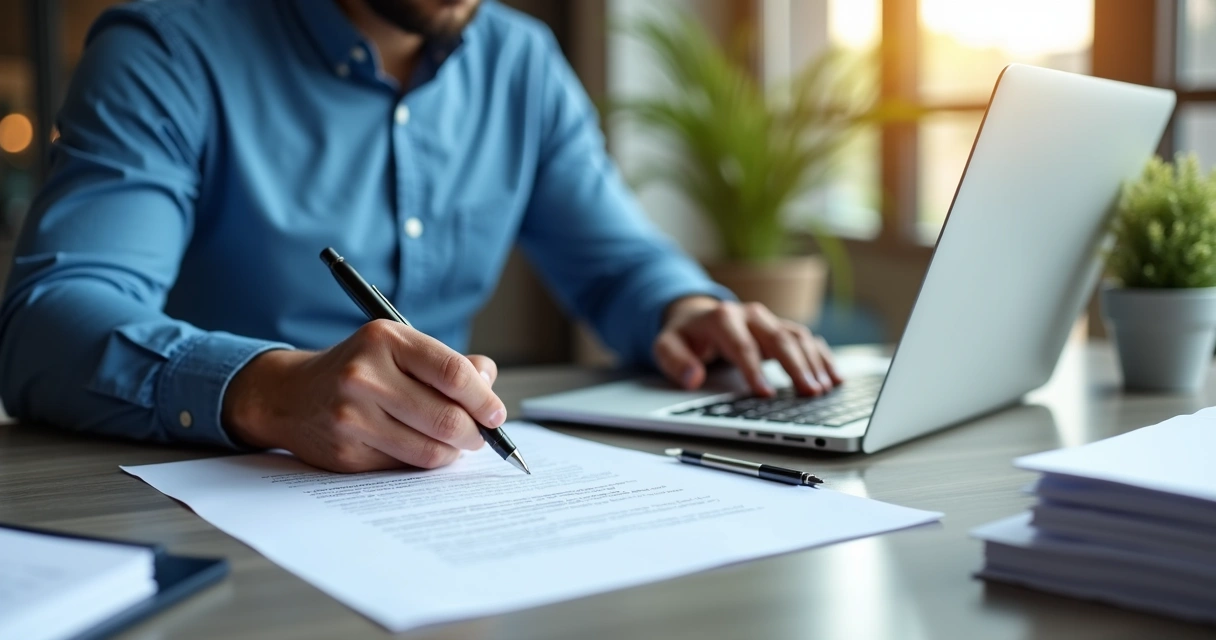 Empreendedor assinando contrato social em uma mesa de escritório 