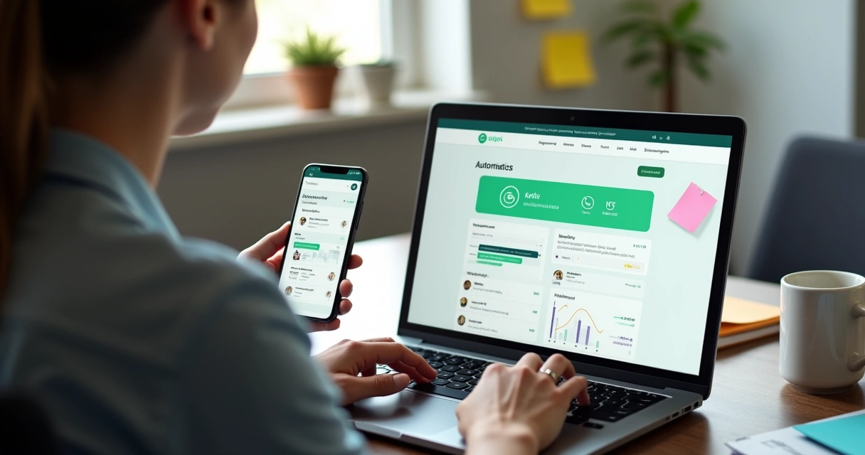 Empresário utilizando automação de atendimento via WhatsApp em mesa de trabalho