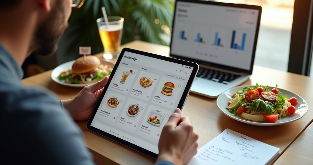 Empresário atualizando cardápio online em tablet sobre mesa de restaurante moderno 