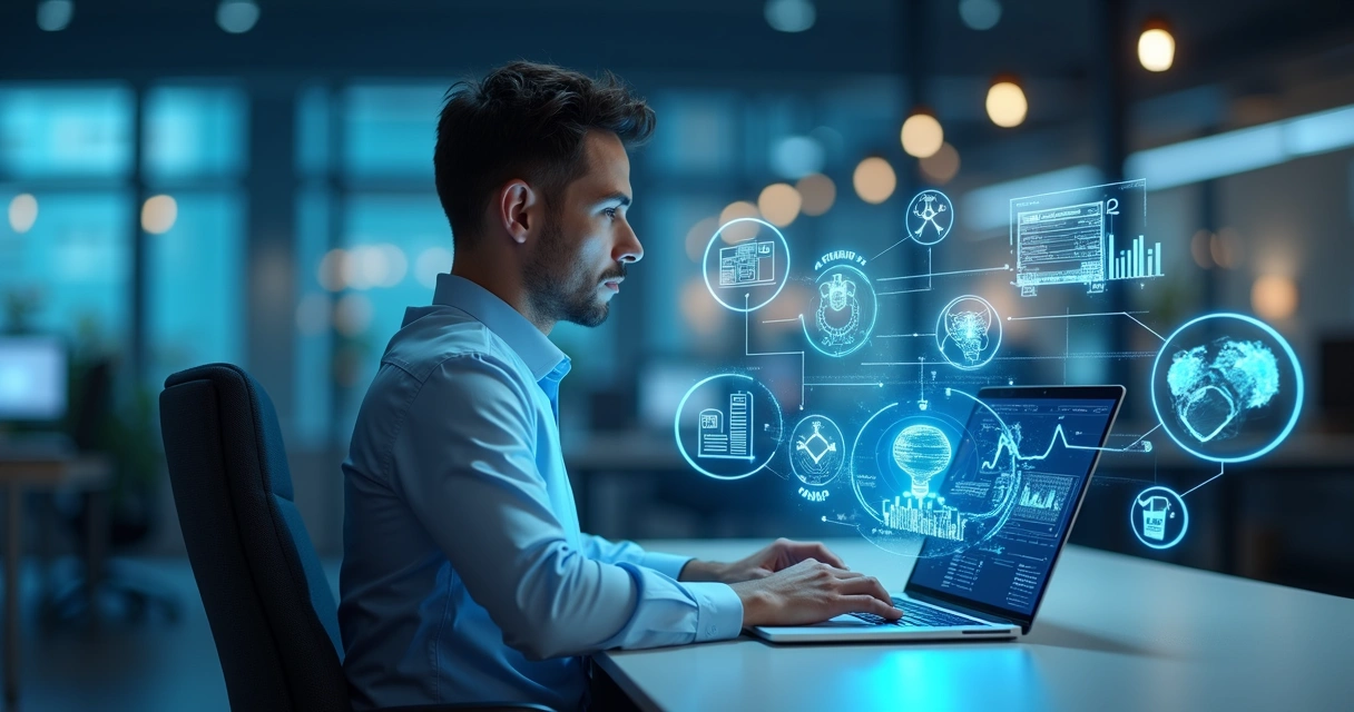 Empresário trabalhando em laptop com gráficos digitais sobre automação e inteligência artificial ao redor 
