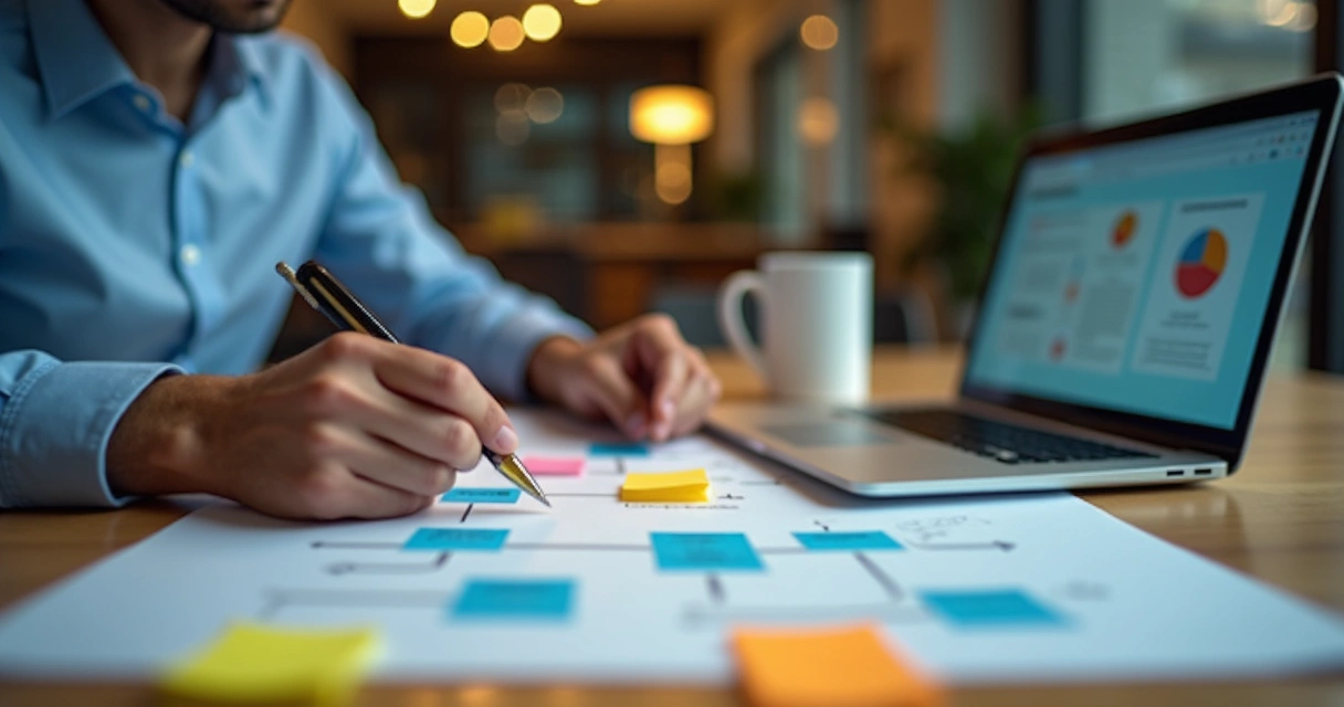 Empresário monta fluxos de automação na mesa de trabalho 