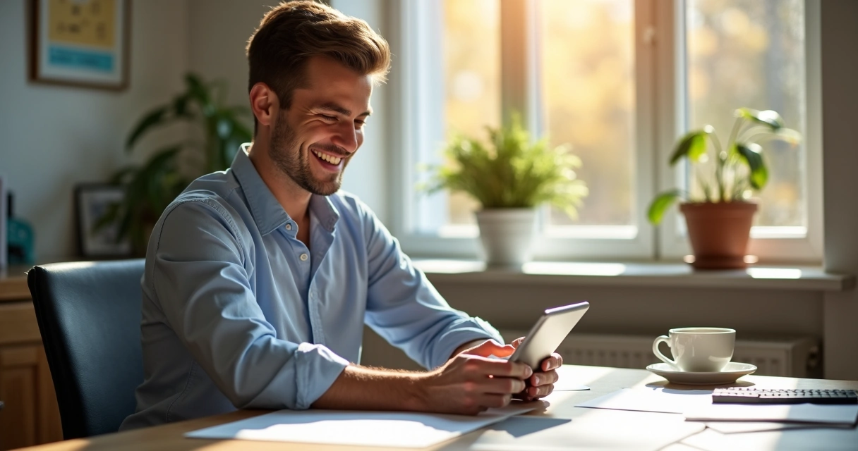 Profissional autônomo tranquilo olhando para tela de aplicativo financeiro 