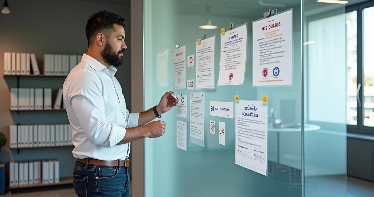 Empresário organizando quadro de provas sociais com métricas e depoimentos em escritório B2B 