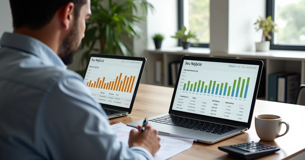 Empresário compara gráficos de desempenho em dois notebooks 