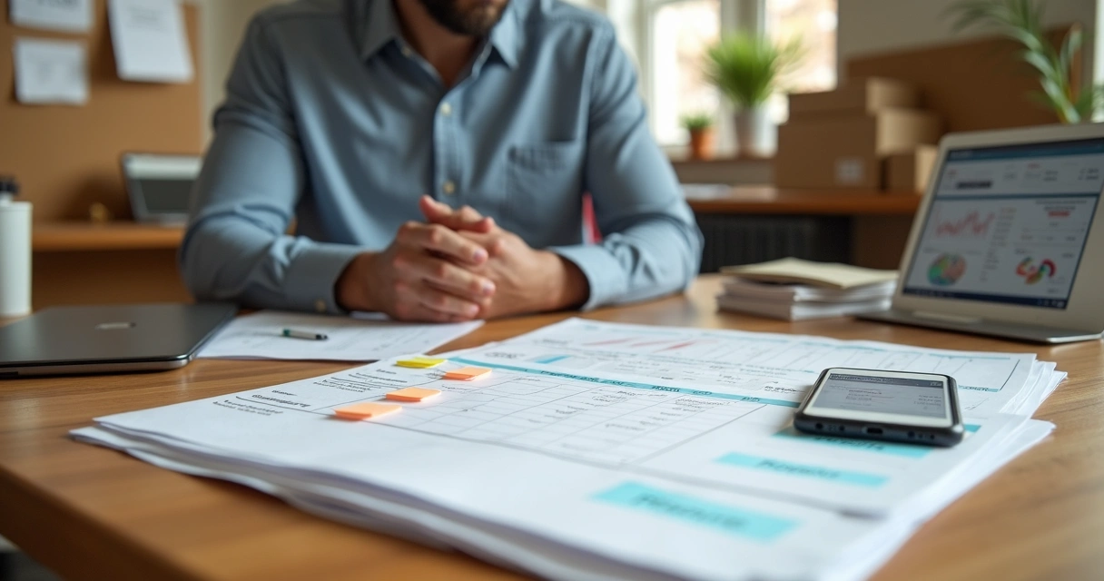 Empresário organizando boletos parcelados e fluxo de caixa em mesa de escritório 