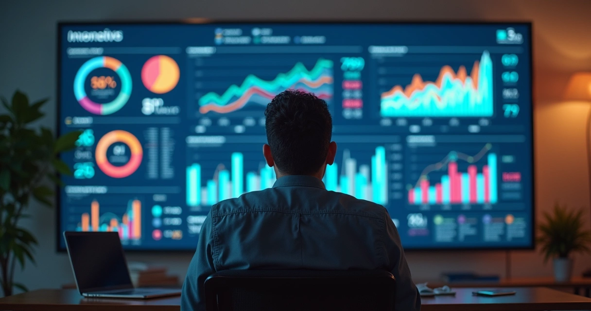 Empresário brasileiro analisando dashboard com gráficos de IA 