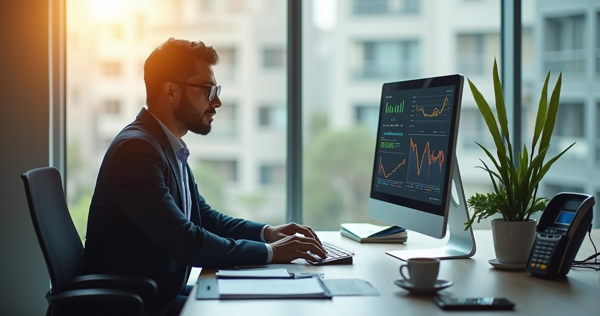 Empresário brasileiro analisando finanças no computador em ambiente moderno 