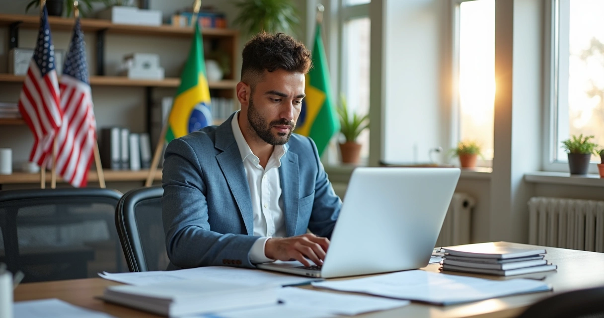 Impostos estaduais para pequenas empresas nos Estados Unidos 2 Empresário brasileiro usando notebook e analisando documentos fiscais nos EUA