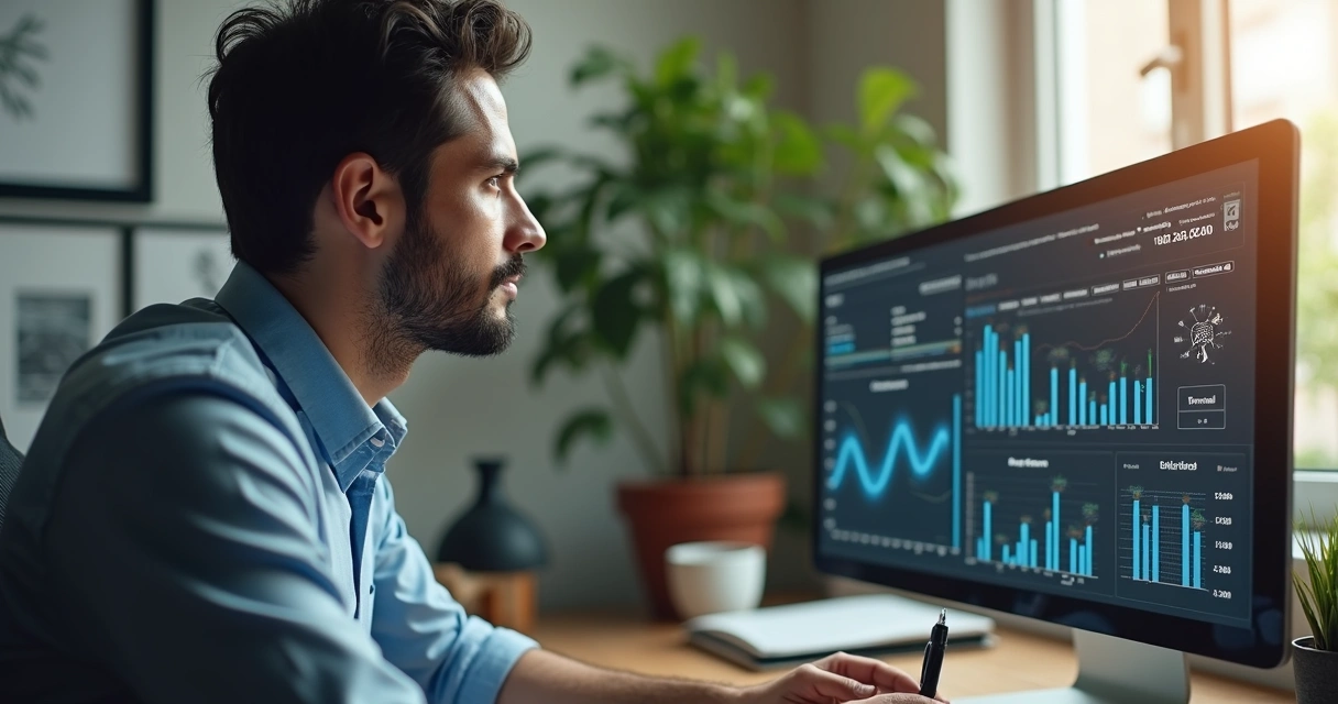 Pessoa analisando previsão de vendas usando IA em tela de computador 