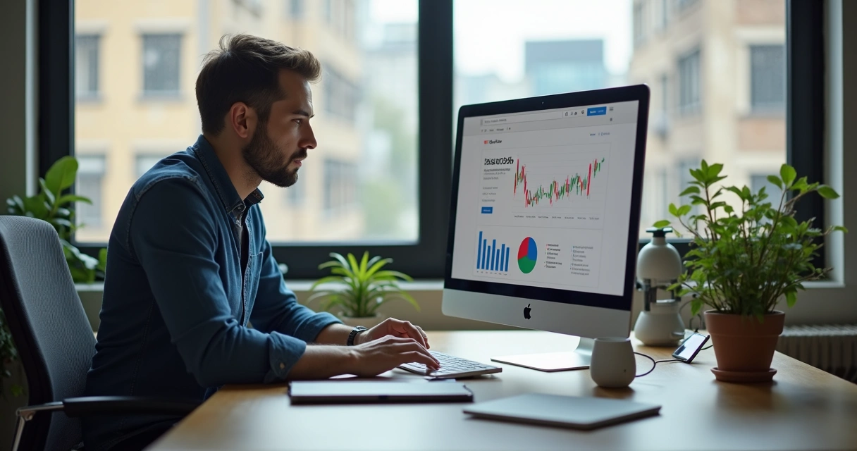 Empresário brasileiro analisando gráficos em tela de computador 