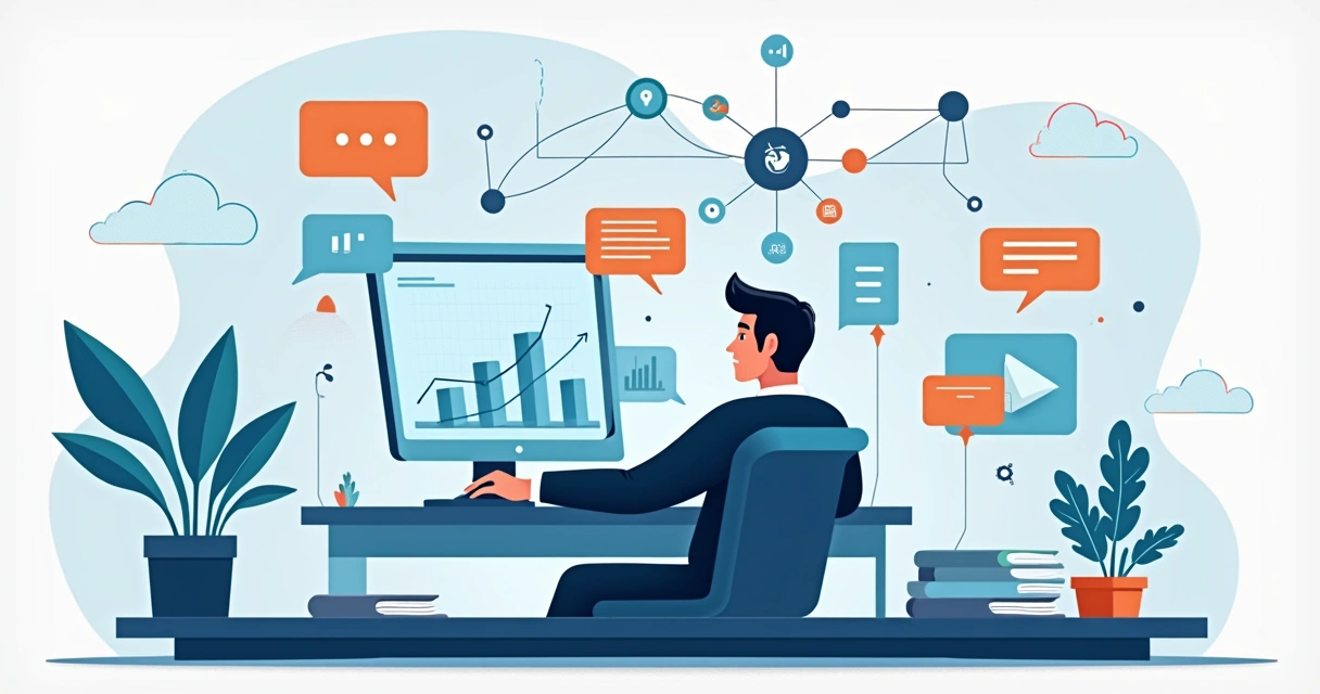 Empresário sentado em frente ao computador, atento a gráficos digitais e ícones de IA na tela. 