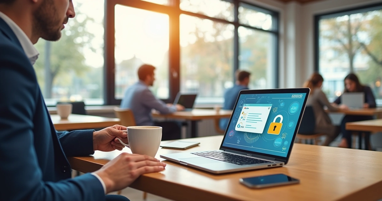 Empresário em um café vendo certificados digitais no notebook 