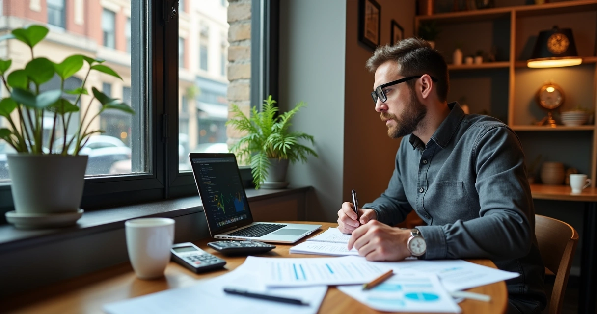 Pessoa revisando finanças em cafeteria com documentos e laptop 