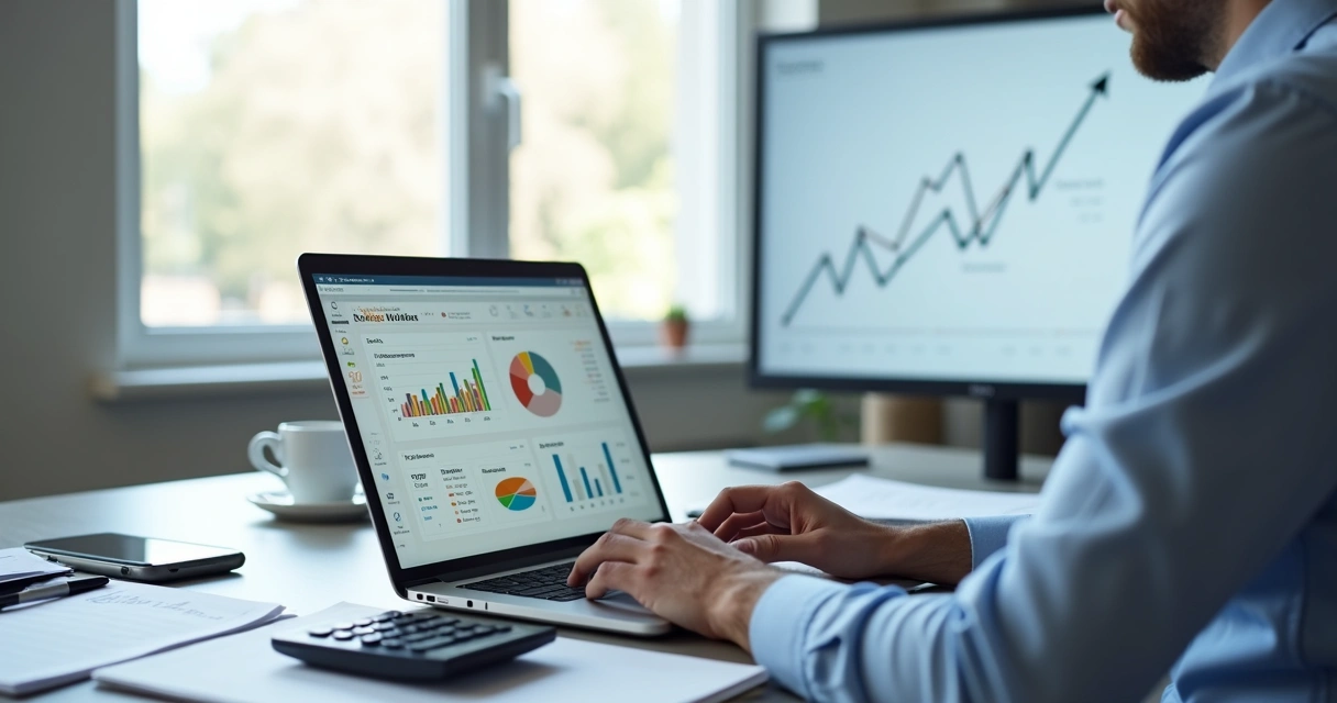 Empresário calculando preço de venda com gráficos e planilhas na tela do notebook 