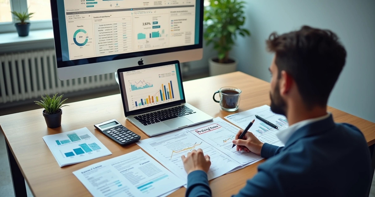 Empresário calculando preço de serviços com gráficos e anotações em mesa de escritório 