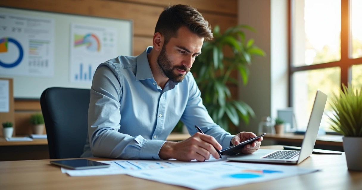 Empresário calculando preços com planilha e laptop em escritório moderno 
