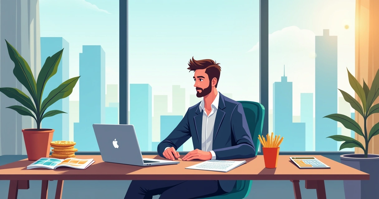 Um empresário em escritório moderno ao lado de um laptop com gráficos financeiros e cartões de crédito.