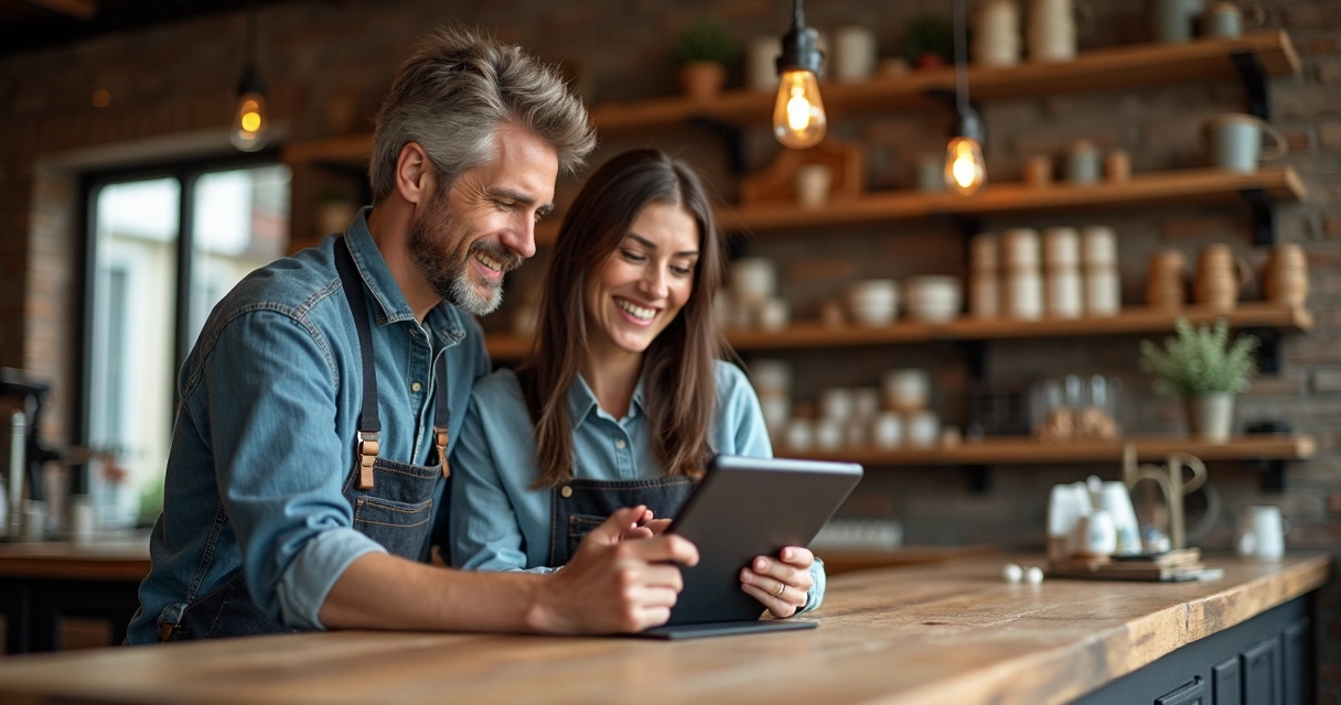 Empresário olhando catálogo digital no tablet com cliente ao lado 