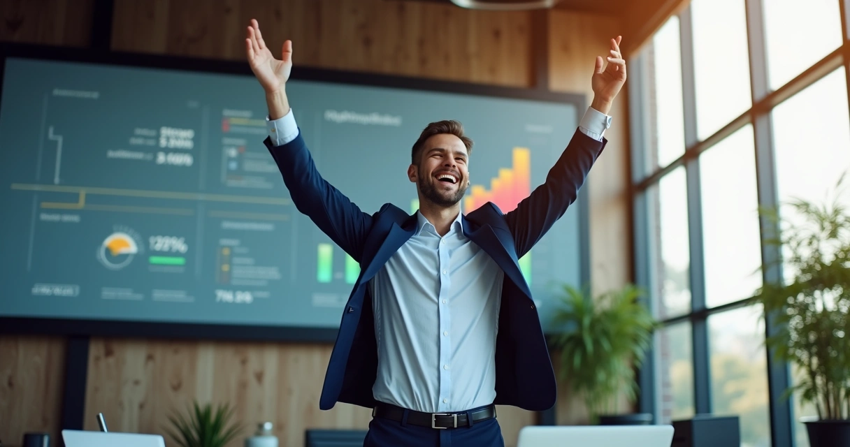 Executivo comemorando aumento de vendas após atualização de dados 