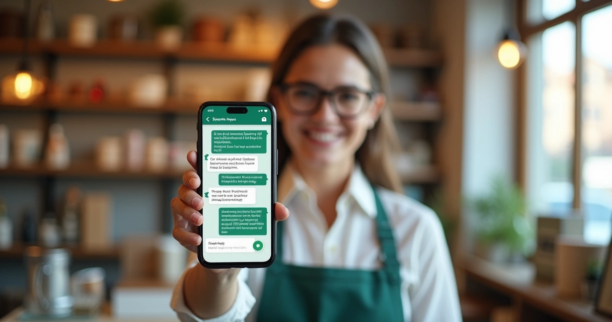 Empresário satisfeito com as mensagens automatizadas recebidas no WhatsApp pelo celular 