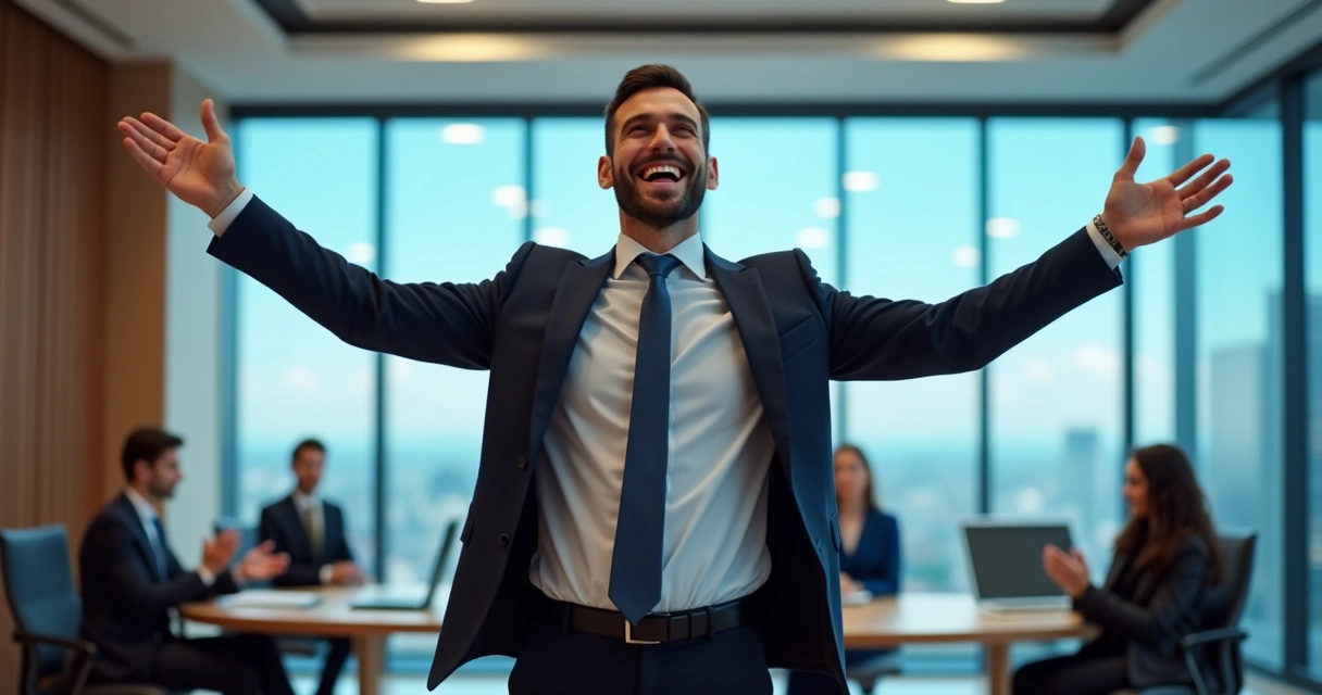 Empresário sorrindo, de braços abertos, comemorando meta atingida em escritório moderno 