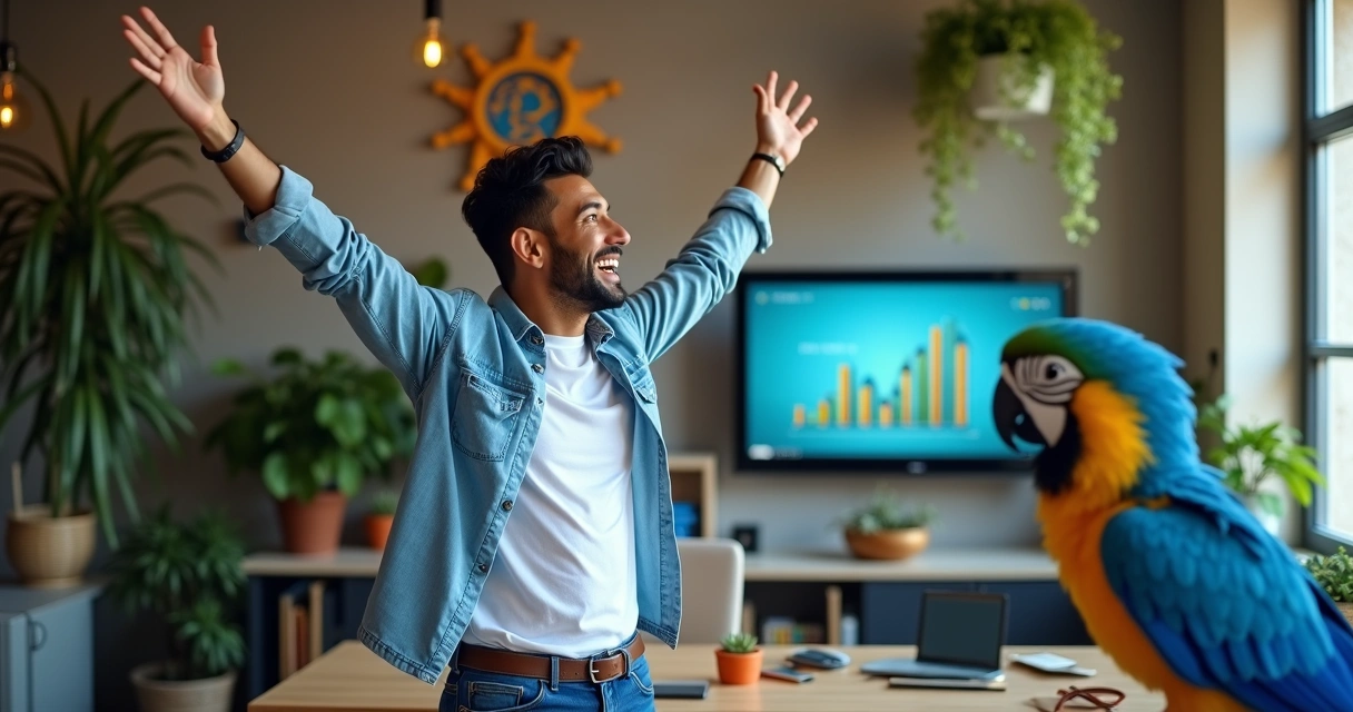 Empresário brasileiro levanta braços ao comemorar resultados na tela 