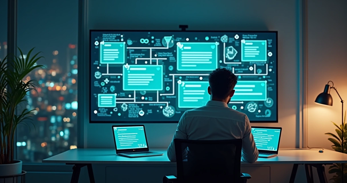 Empresário observando tela gigante com fluxos de chatbot de WhatsApp no escritório 