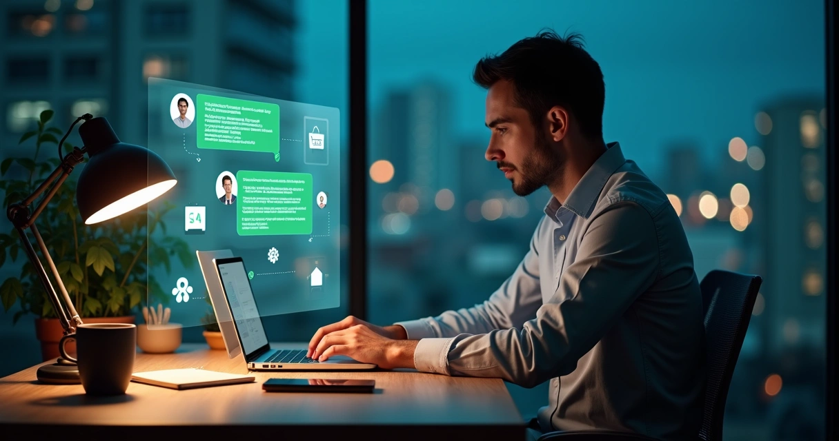 Empresário em escritório moderno olhando chatbot de WhatsApp no notebook 
