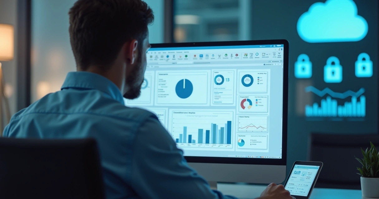 Empresário analisando documentos fiscais digitalizados na tela do computador