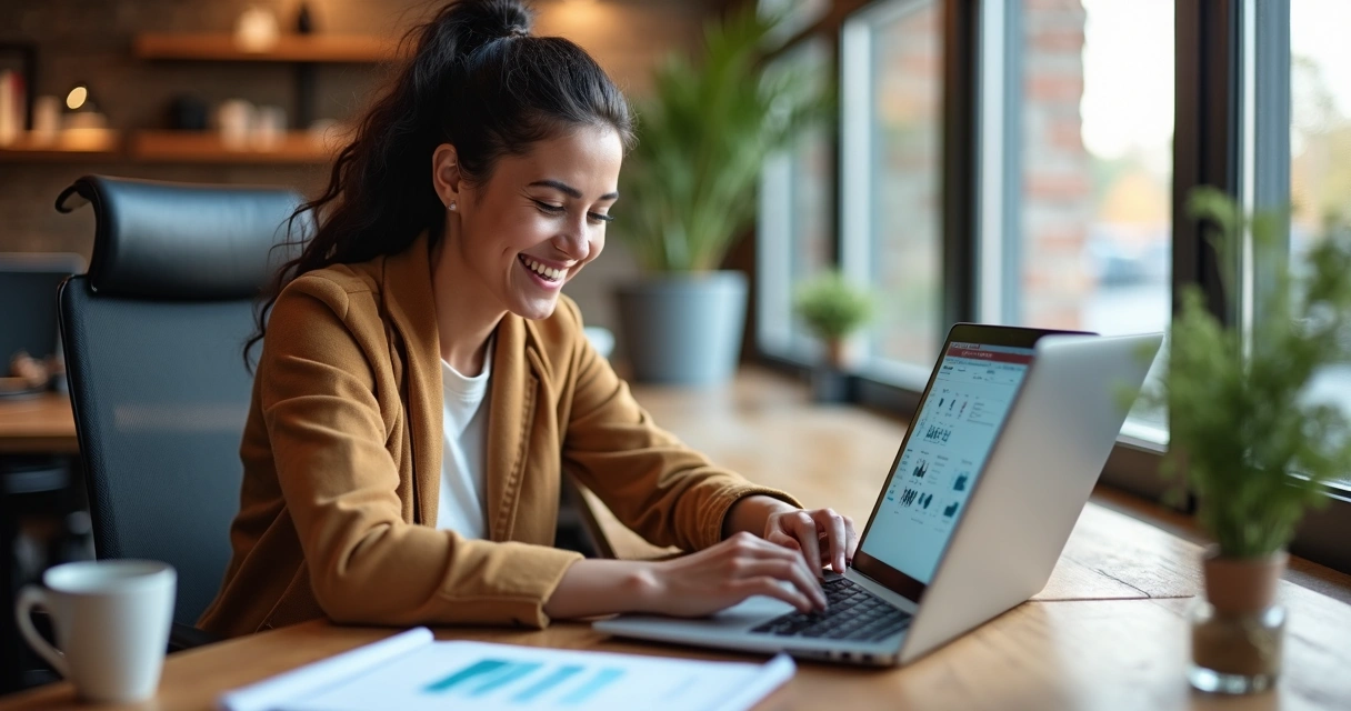 Microempresário feliz usando catálogo digital em notebook 