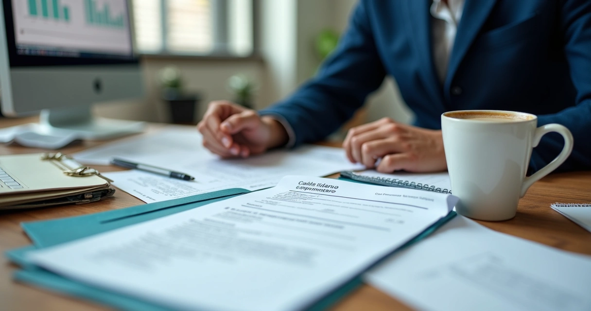 Empresário analisando documentos contábeis e papelada de empresa 