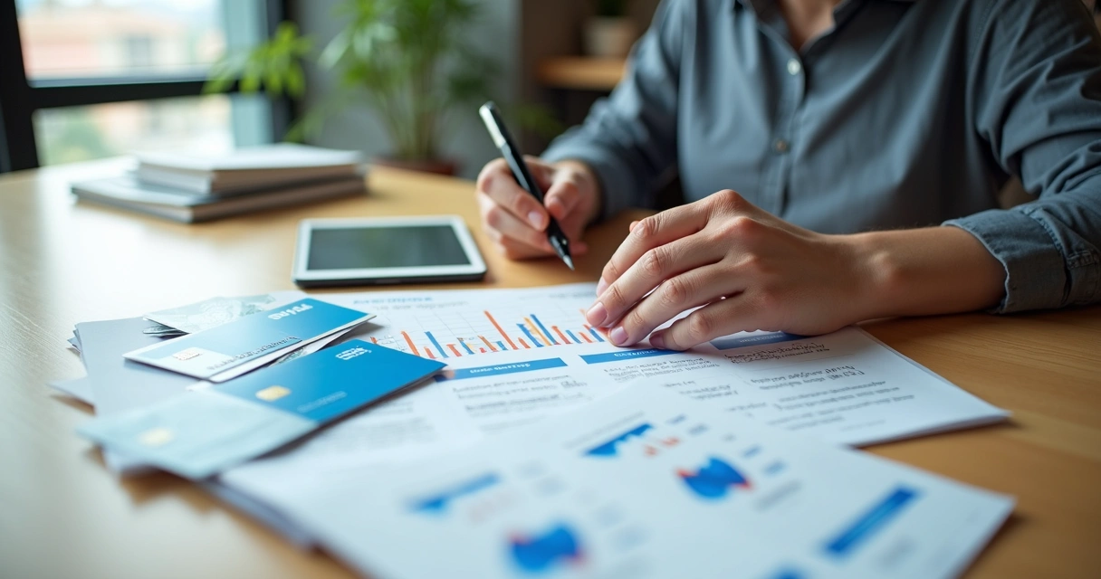 Empresário analisando opções de bancos para emissão de boletos em mesa com cartões e documentos 
