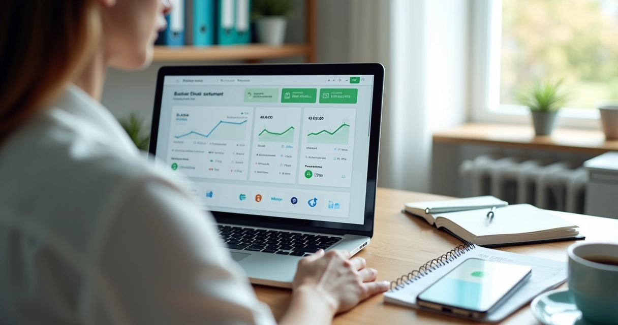 Empresário em mesa de escritório vendo conciliação bancária automática em dashboard digital 