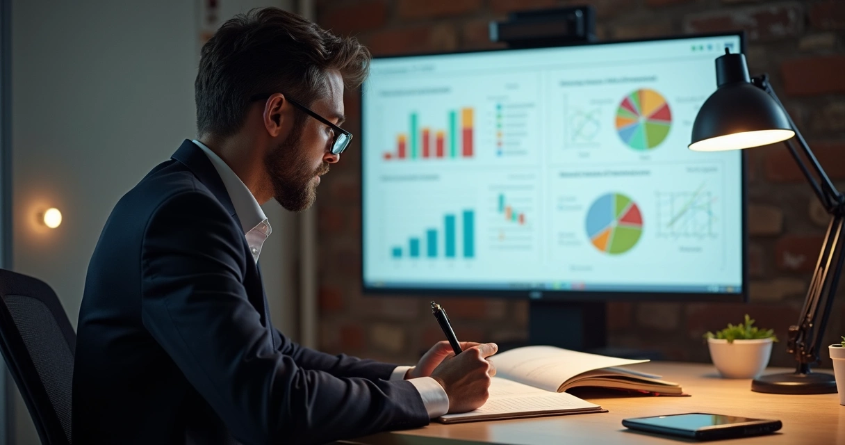 Empresário digitando em notebook com gráficos financeiros na tela