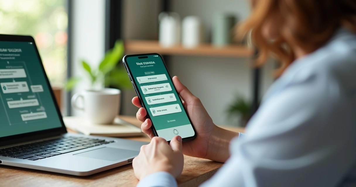Empresário segurando celular configurando bot de WhatsApp com interface simples 