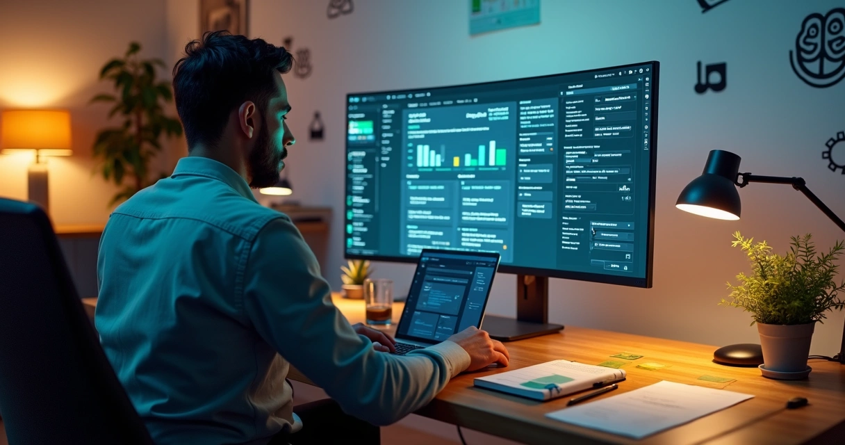 Profissional configurando painel de inteligência artificial com foco em vendas online 