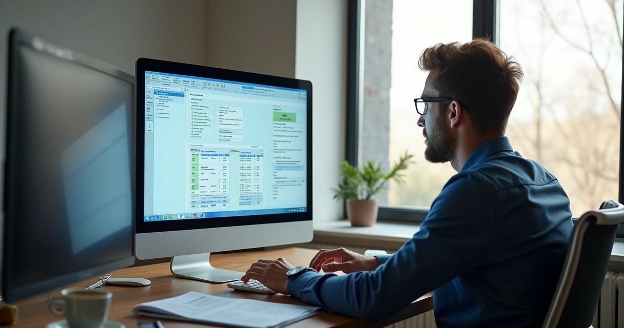 Empresário analisando documentos fiscais eletrônicos em tela de computador 