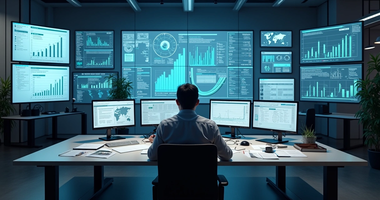 Homem analisando grandes volumes de dados em várias telas 