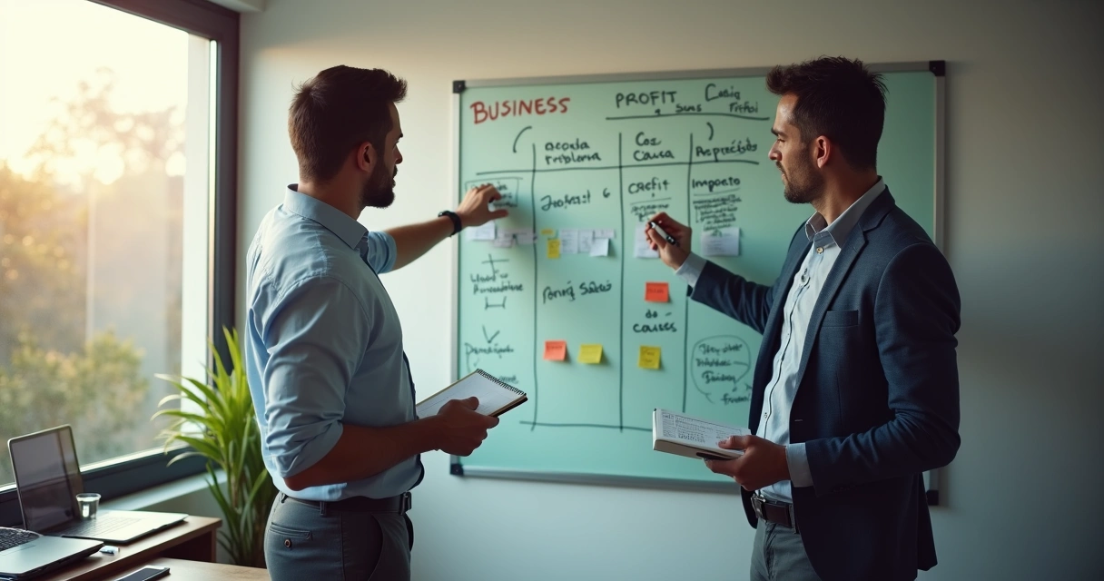 Empresário e consultor discutindo problema de negócio em frente a quadro de planejamento 