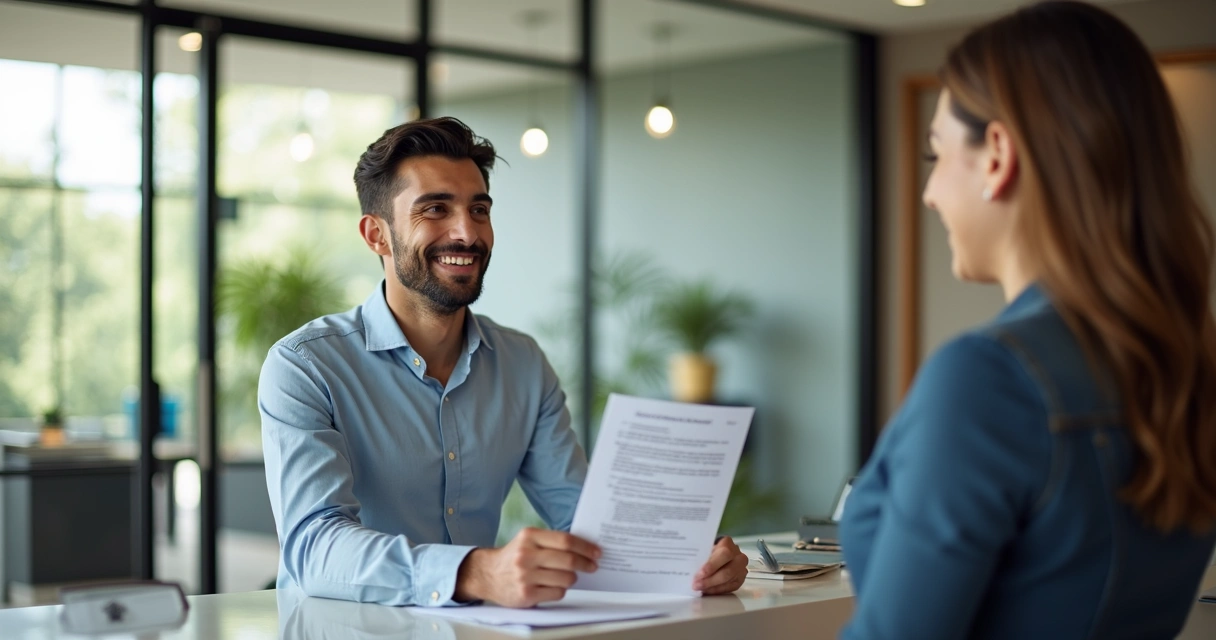 Empresário feliz abrindo conta bancária empresarial 