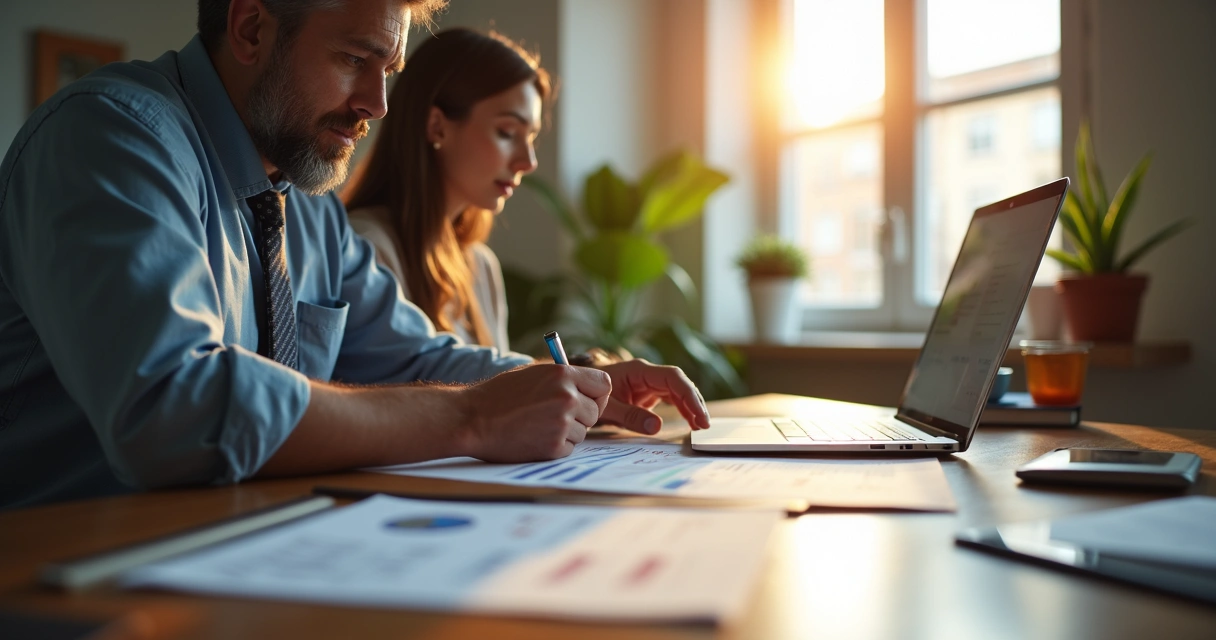 Empresário analisa relatórios contábeis e financeiros lado a lado em sala iluminada 