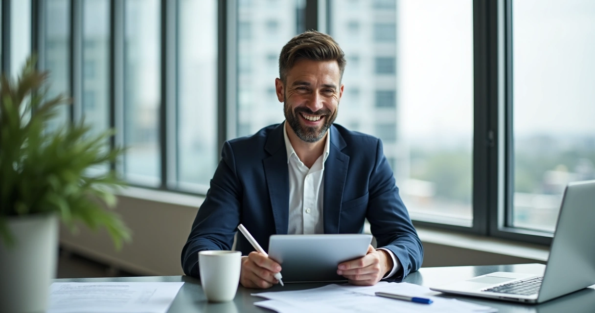 Empresário assinando contrato digital em tablet no escritório 