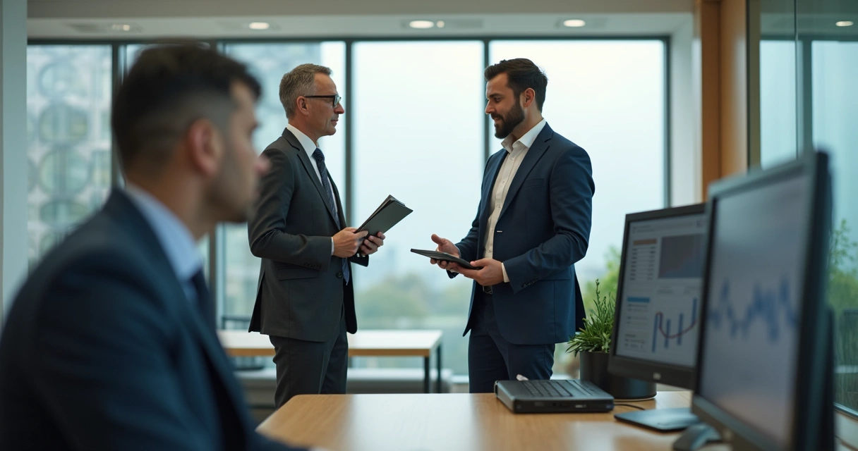 Gestor observa funcionário sendo abordado discretamente por recrutador concorrente em escritório corporativo 
