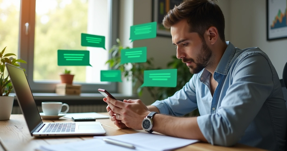 Empresário respondendo clientes no WhatsApp em sua mesa