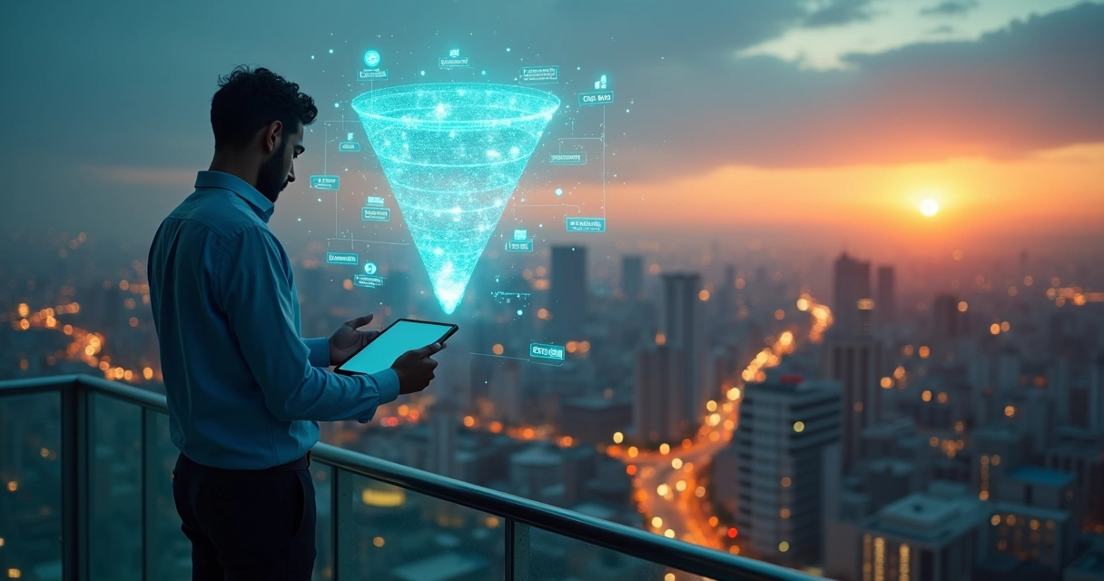 Empresário brasileiro guiando audiência conectada por um funil de crescimento digital 