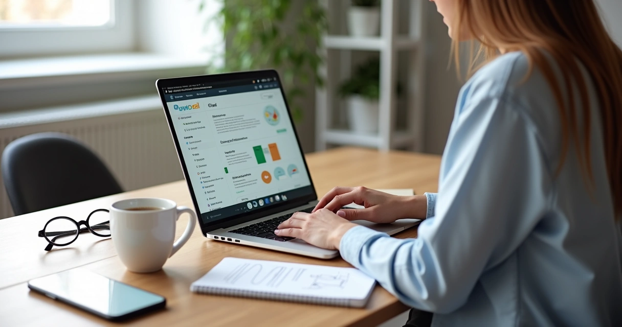 Empresário configurando site profissional em notebook com editor visual 