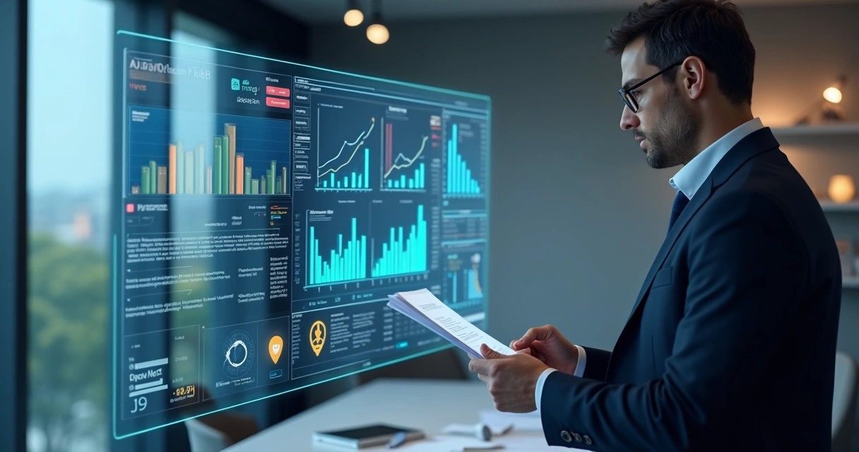 Empresário analisando documentos financeiros com gráficos de criptomoedas em tela transparente à frente 